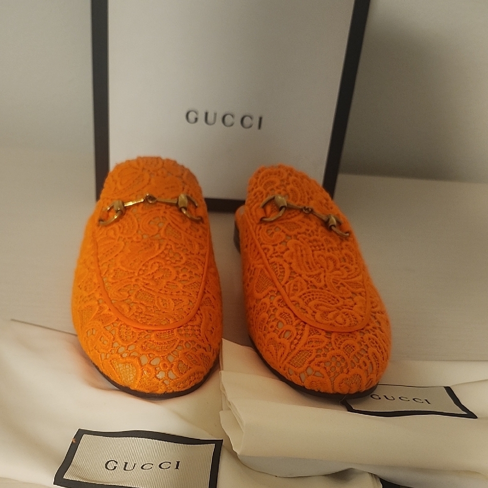 Gucci Vibrant Orange Lace Slip-Ons